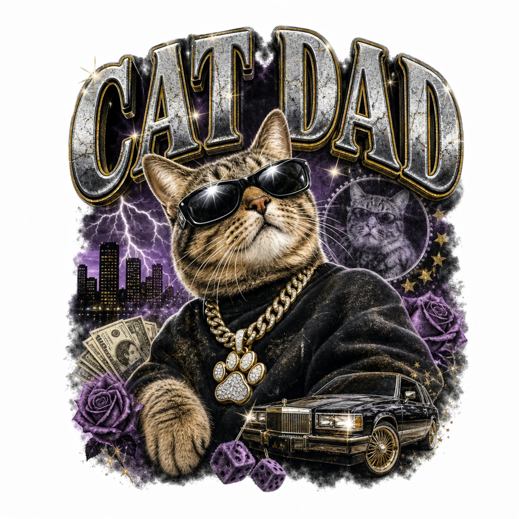 Diseño streetwear de cat dad generado por Kittl utilizado durante una prueba de flujo de trabajo de impresión bajo demanda