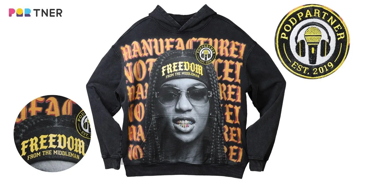 PODpartner hoodie with large front print and embroidered detail close-ups
