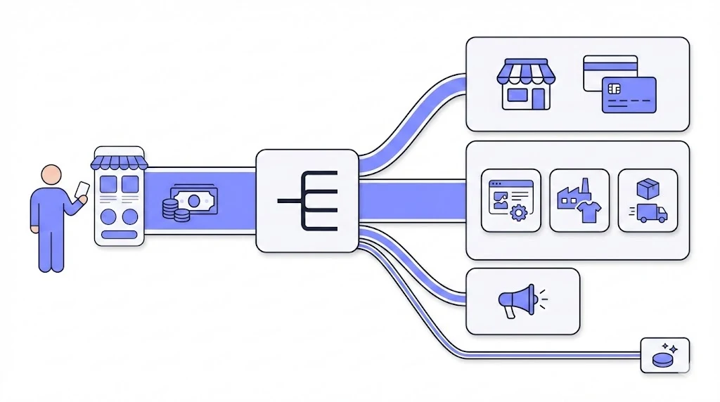 Flow diagram showing $100 starting at the customer and splitting into marketplace + payment fees, fulfilment (POD platform + manufacturers + logistics), ad spend, and a small slice of profit for the seller